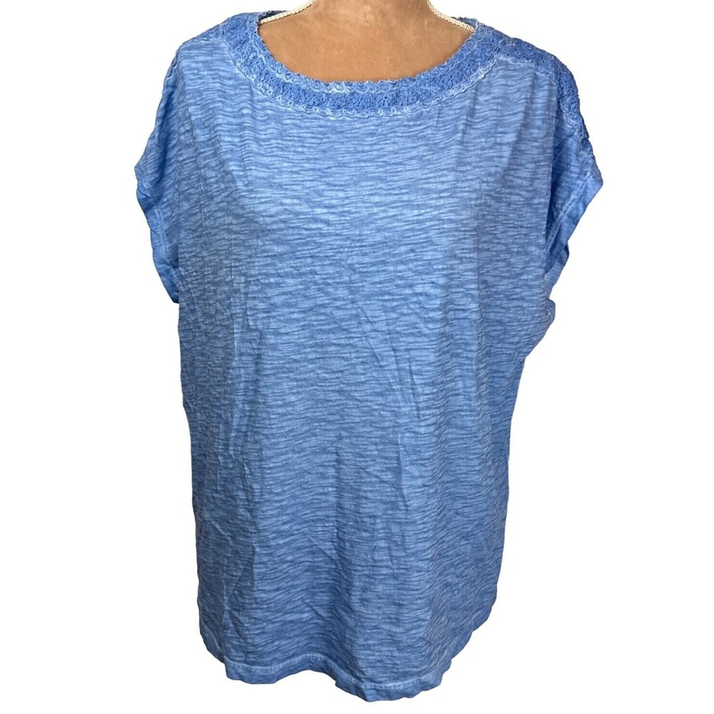Chicos Sz 3 (XL) Womens Top Space Dye Blue Cap Sleeve Crochet Neckline Coastal‎